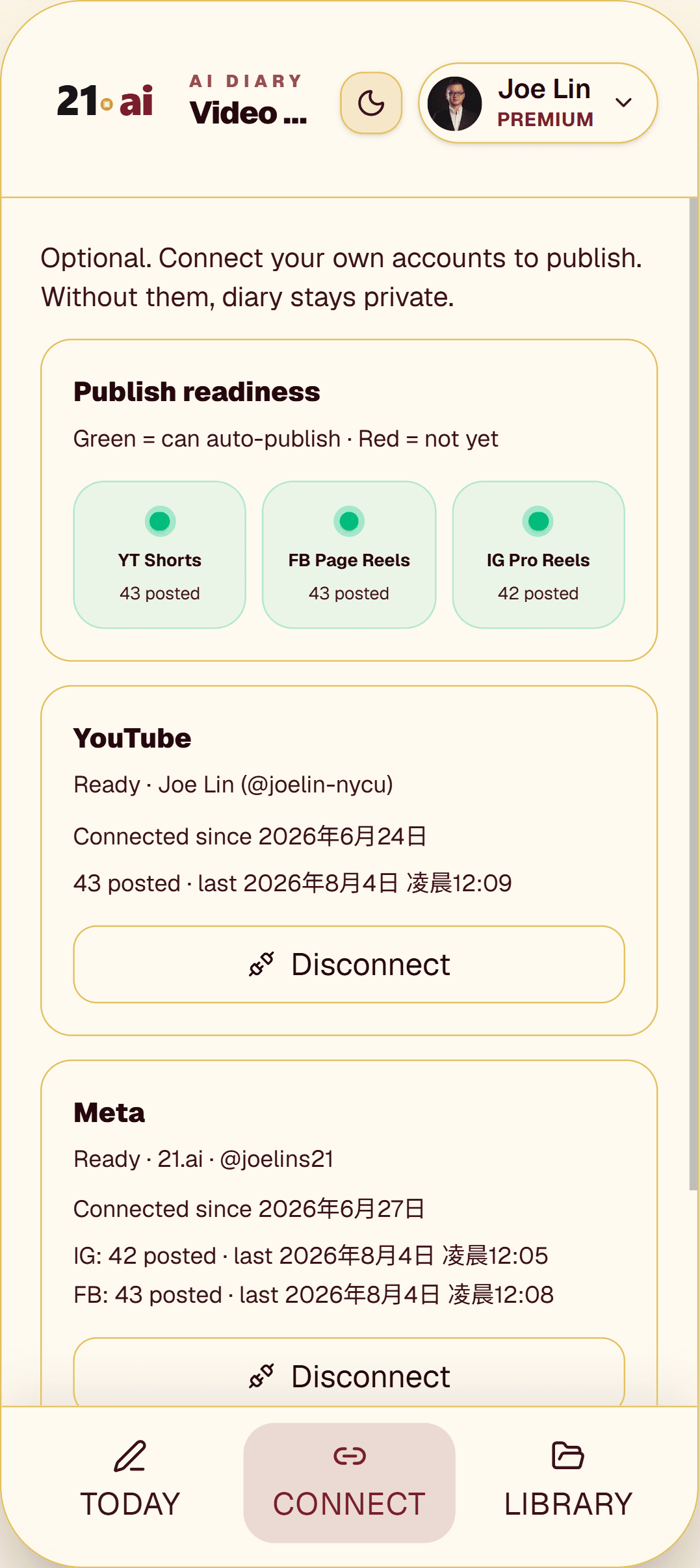 Connect：YouTube、Facebook、Instagram 發布連線狀態